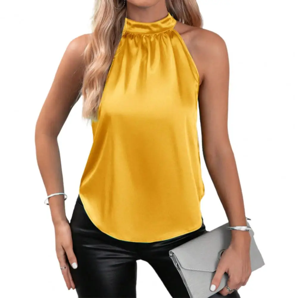 Women Satin Halter Top Button-up Halter Neck Blouse Elegant Summer Satin Halter Top for Women Off Shoulder Tank