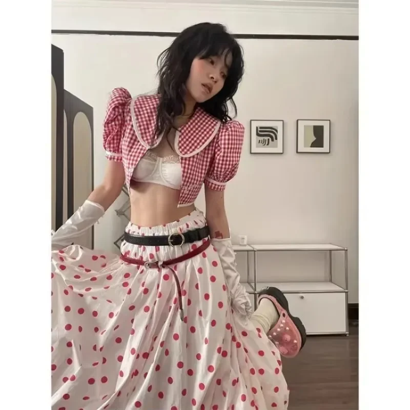 Y2k Red Wave Point Bubble Skirt For Women Mid-length Loose Harajuku Skirts 2026 New High Waist All-match Faldas Mujer