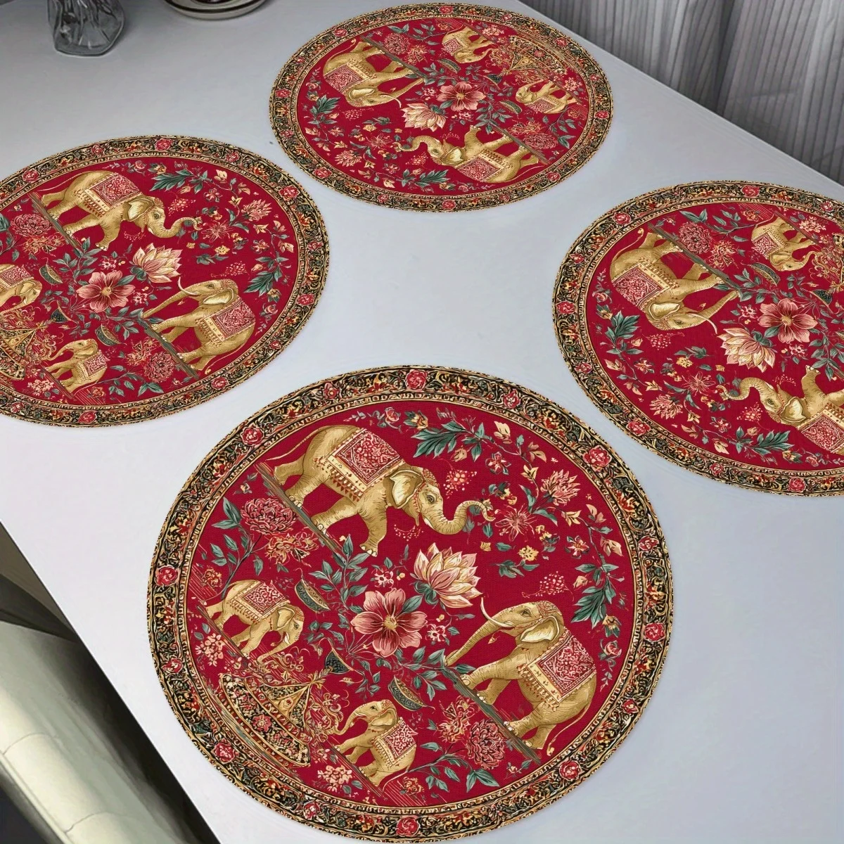 VIKAMA 4-teiliges goldenes Elefanten-Mahlzeitenmatte im indischen Stil, goldener Elefanten-Blumen-Tisch, Restaurant-Thema, Party-Dekoration