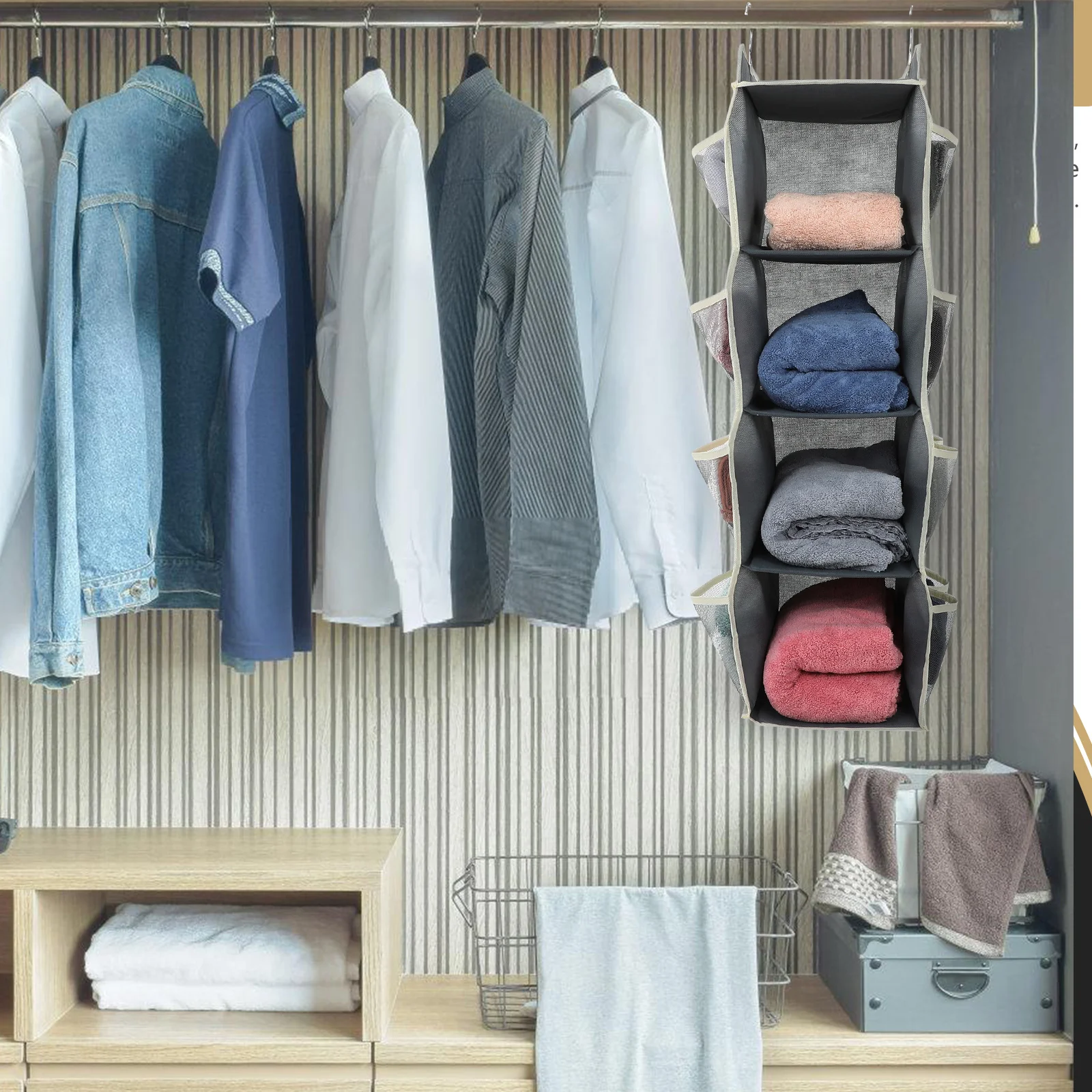 

Wardrobe Hanging Organizer Clothes Storage Bag Breathable Non-Woven Fabric Multiple Shelves Side Pockets Maximized Vertical