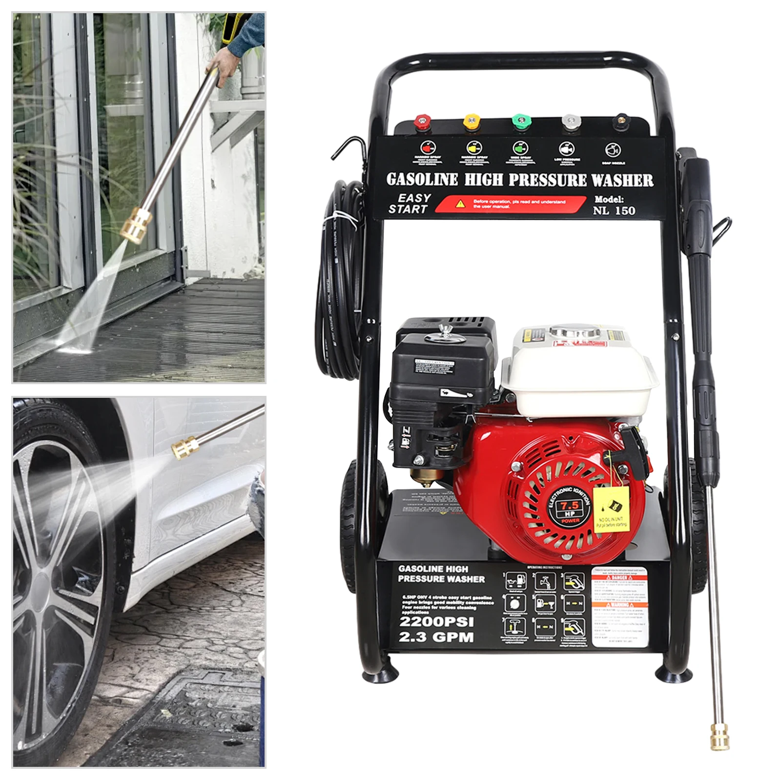 3400r/min High Efficiency Gasoline High-pressure Washer 7.5HP Powerful Engine Strong Spray Gun with 5 Selectable Nozzles