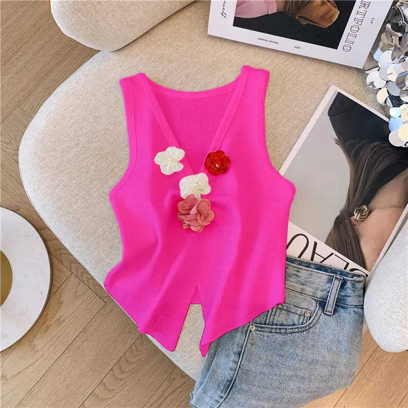 Dopamine Flower Splicing Knitted Vest Women\'s Summer Hem Irregular Split Ends Chic Niche Sleeveless V-neck Top