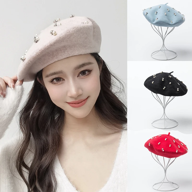 

Trendy Winter Wool Beret Pearls Beads Female Elegant Fashion Cap Autumn Spring Hat Women Solid Color French Style Painter Caps