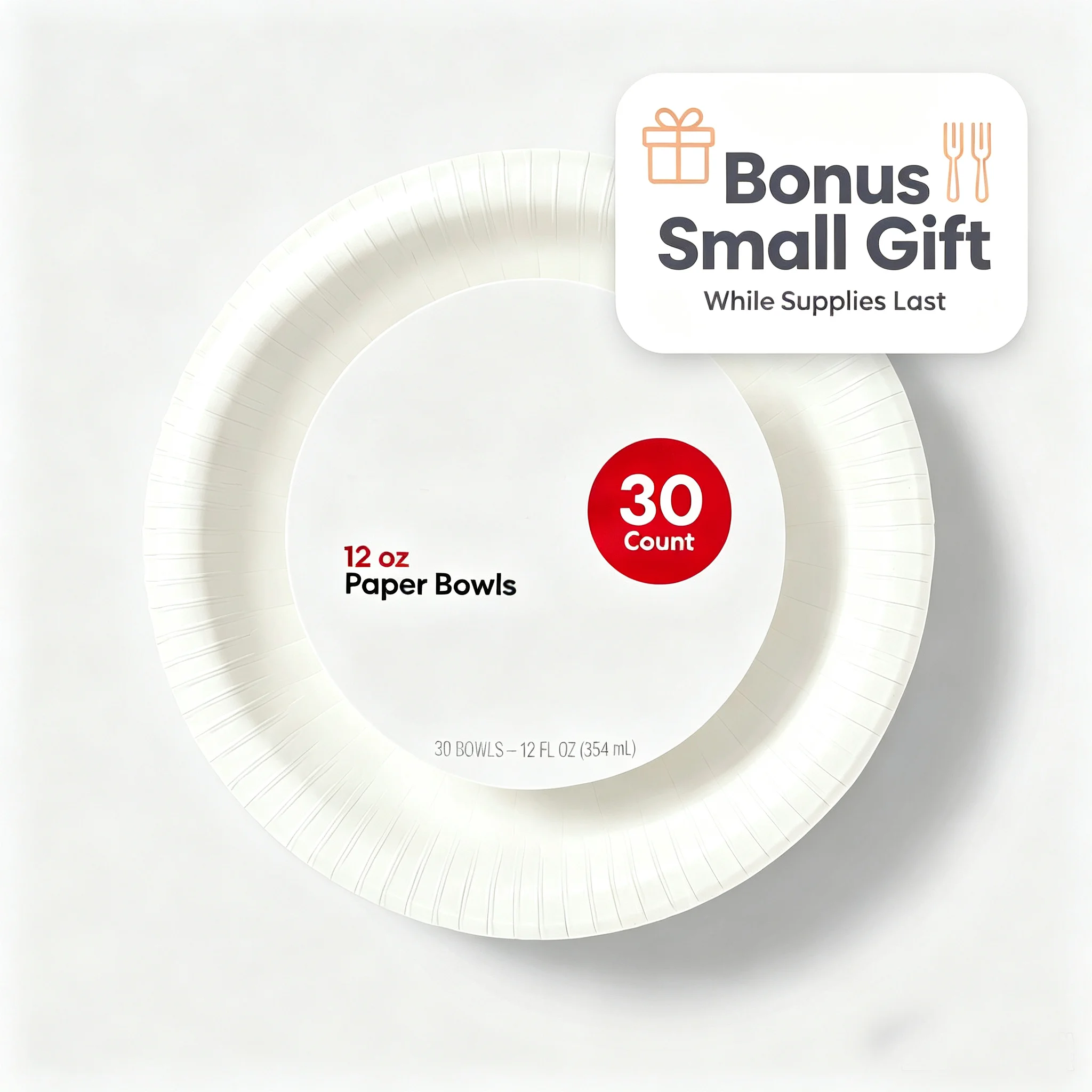 White Disposable Paper Bowls 30 Pack, 12oz Round Solid Bowls, Durable Non-Toxic Tableware for Snacks, Soups, Meals, Picnics, Gatherings and Daily Use, Bonus Small Gift While Supplies Last