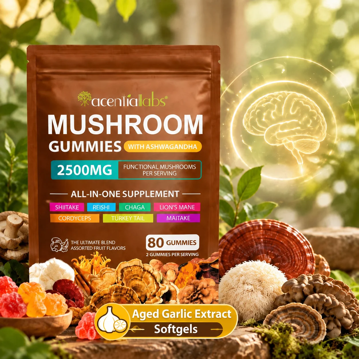 Mushroom Gummies,Supports Mental Clarity & Immune Wellness with Ashwagandha Lion's Mane Reishi Chaga Cordyceps Blend 80 Countv