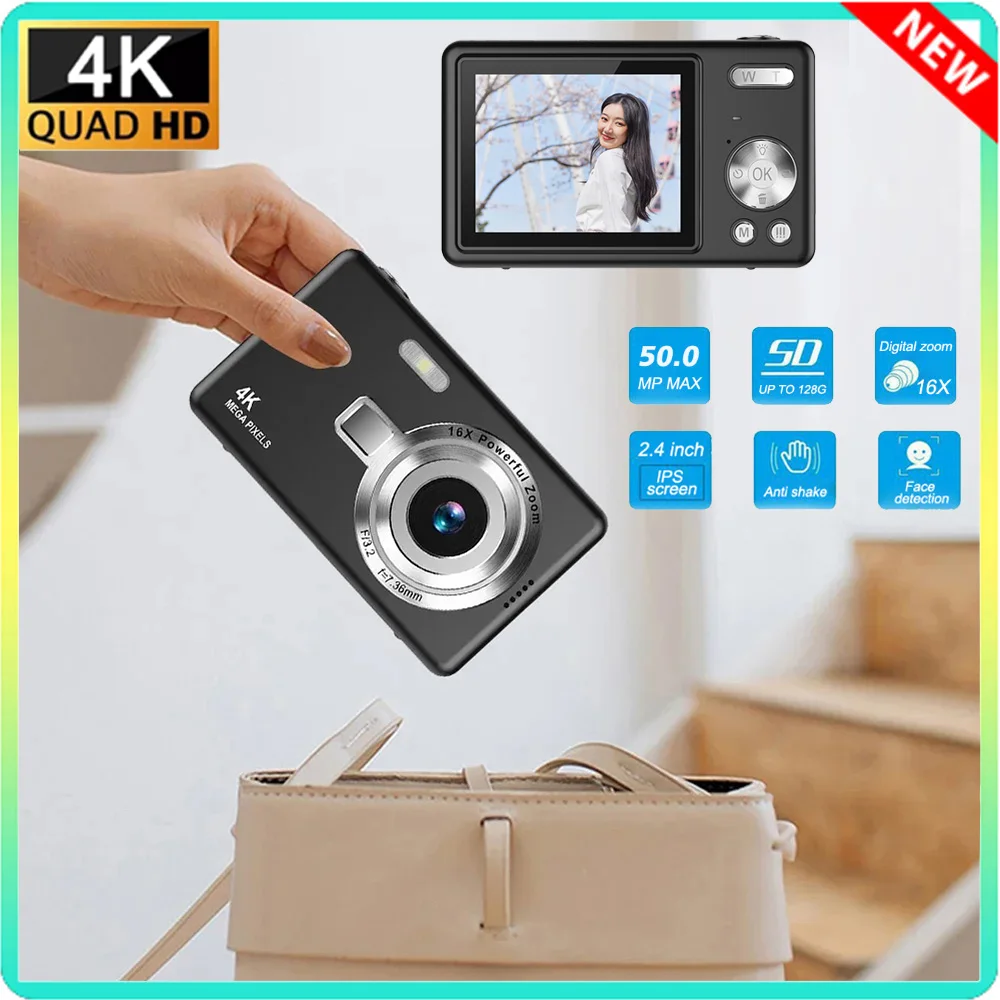 4K HD 1080P Digital Camera 50MP Portable Vlogging Camera 16X Zoom Camcorder Camera 2.4 Inch IPS Screen for Kid Adult Photography