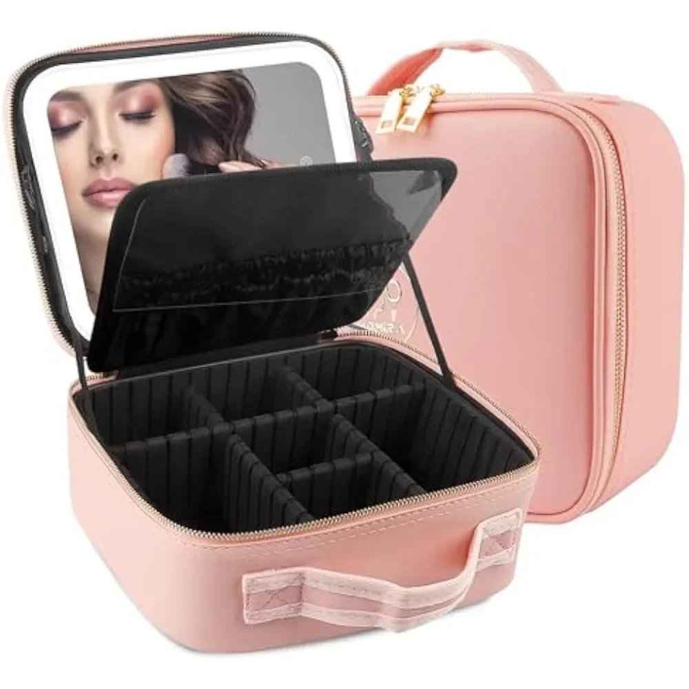 Travel Makeup Case With Large Lighted Mirror Partitionable Cosmetic Bag Professional Cosmetic Organizer,Waterproof Portable,Pink