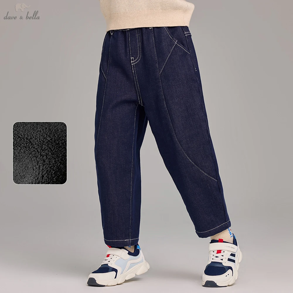 

Детские джинсовые брюки Dave Bella для детей 7–13 лет, зима-осень, бархатные утепленные прямые брюки для мальчиков, повседневные теплые брюки DK4254164