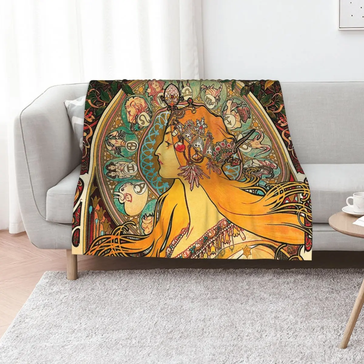 HD. Zodiac (Original version), by Alphonse Mucha (1896) ORIGINAL COLORS Throw Blanket Bed Fashionable Decoratives Blankets