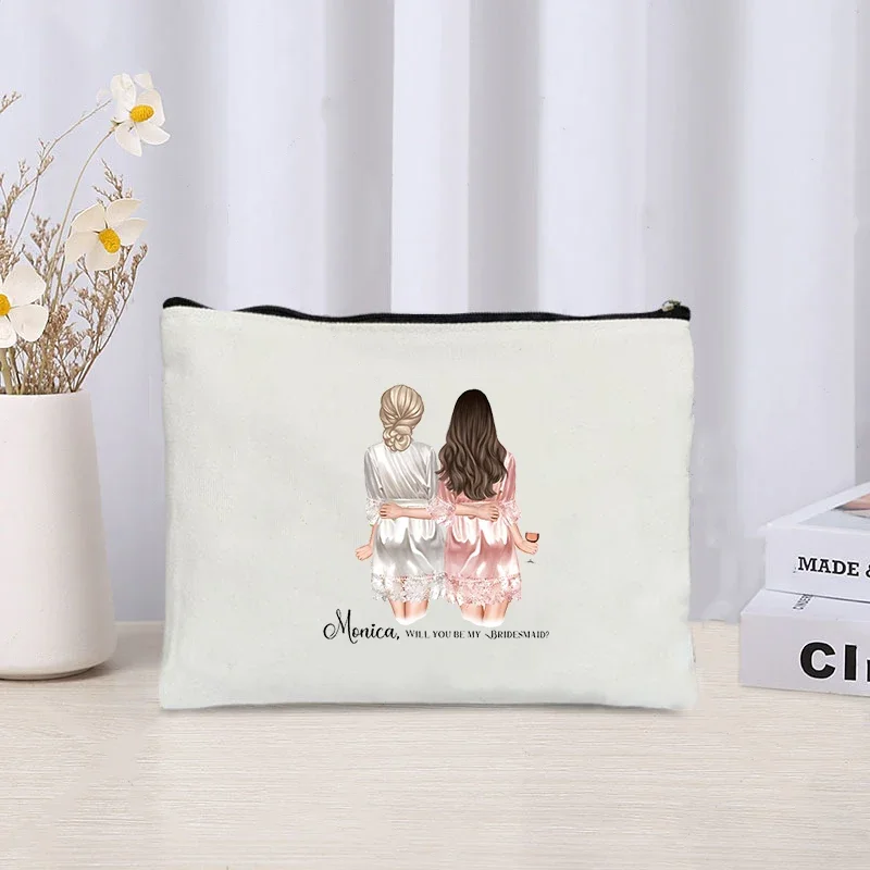 Custom Bride & Bridesmaid Name Makeup Bag Wedding Bath Cosmetic Pouch Gift for Best Friends Travel Lipstick Perfume Organizer