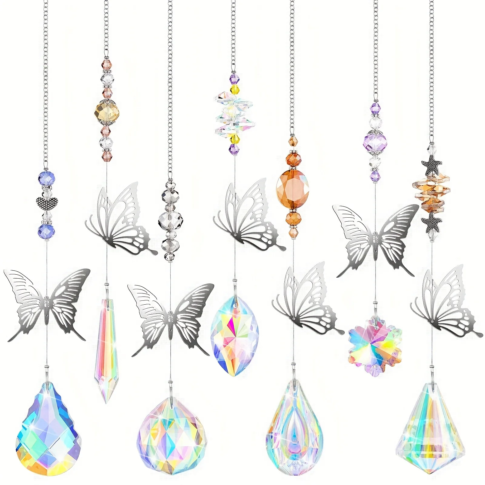 7-teiliger Sonnenfänger mit Kristallen, Schmetterlings-Sonnenfänger, bunter Kristall-Kronleuchter-Anhänger, Kolibri, Wandbehang, Baumfenster