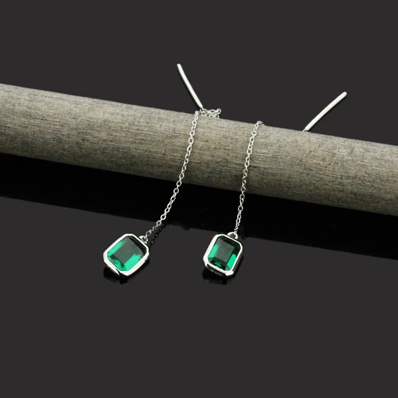Huitan Long Wire Earrings with Green Cubic Zirconia Simple Fashion Women Earrings Piercing Statement Accessories Wedding Jewelry