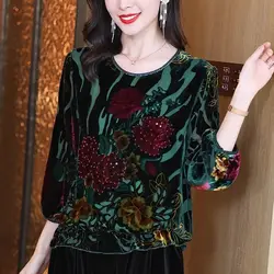 Early Autumn New Gold Velvet Burnt Flower Heavy Industry Jacquard Western Middle Aged Reducing Fashion Bottom Shirt for Women