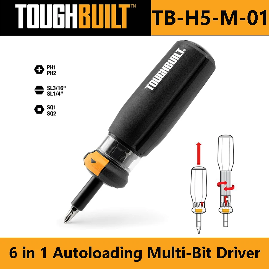 TOUGHBUILT TB-H5-M-01 자동 로딩 멀티 비트 드라이버, 6 in 1 멀티 비트 마그네틱 스크루드라이버, 다기능 수공구