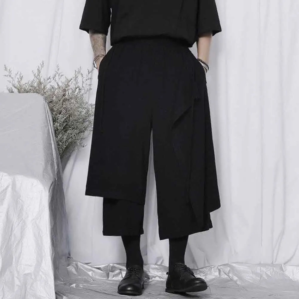

XS-5XL Mens Summer Pants Dark Drawstring Patchwork Asymmetrical Samurai Pants Streetwear Fashion Campus Casual Capri Pants Men'S