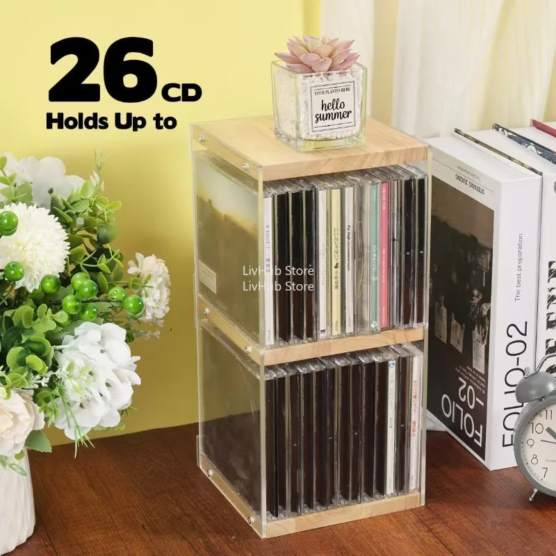 2-Tier CD Spinner Rack with Wood & Acrylic, 26 Capacity Rotating CD Storage Rack  Open-Side Design Guard for Living Room Office