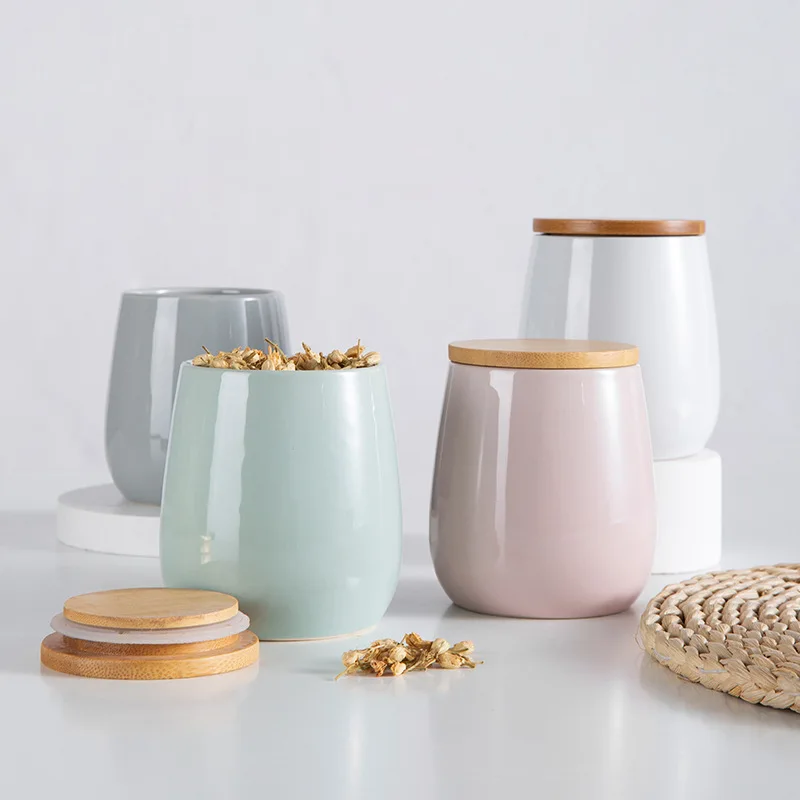 Porcelain Airtight Custom Home And Kitchen Food Snack Tea Coffee Bean Sugar Candy Ceramic Storage Container Jar With Bamboo Lid