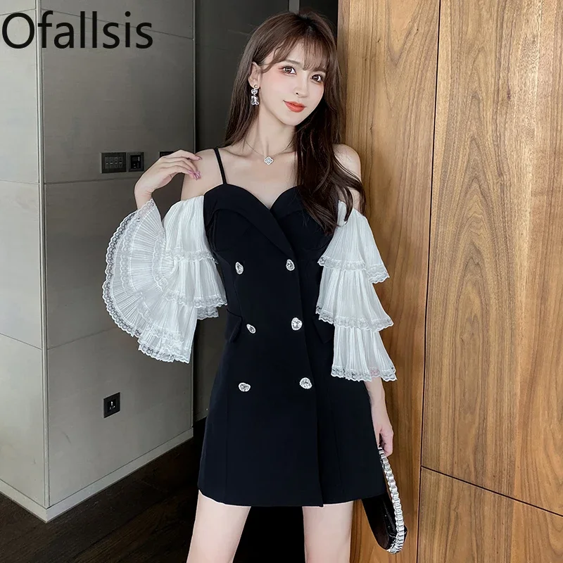 Ofallsis Socialite Temperament Black Party Dress Women's Summer 2024 New Double Breasted Suit Collar Off Shoulder Dresses Shorts