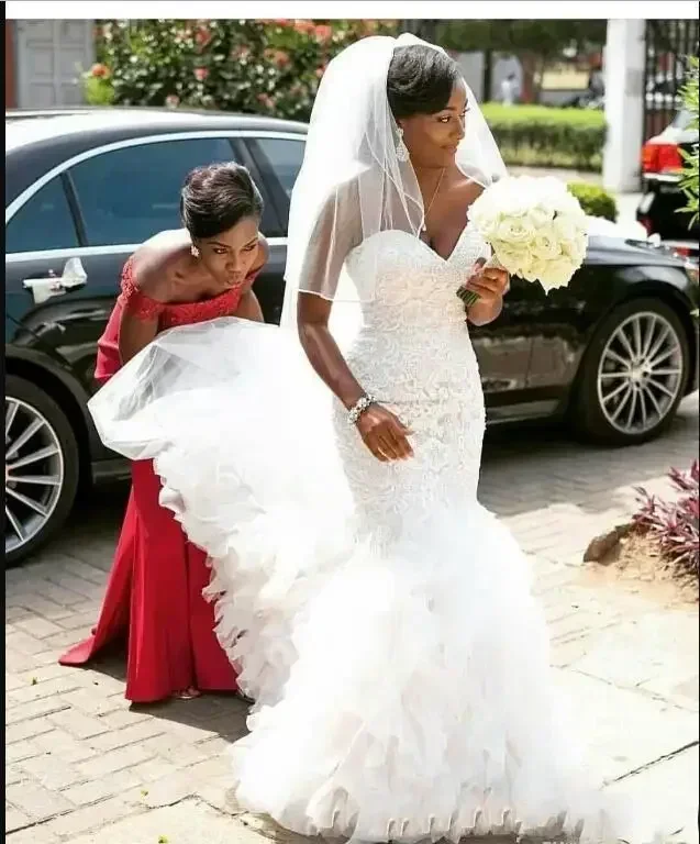 Robe De mariée sirène noire personnalisée, en Tulle, à volants, longueur De balayage, dentelle africaine, robe De mariée