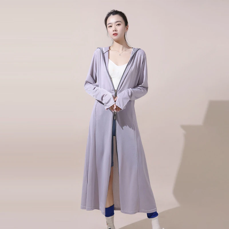 Summer Women Hooded Sun Protection Long Trench Coat With Hand Cover Design Breathable Thin Cool Fabric Cosy Clothing  Outerwear