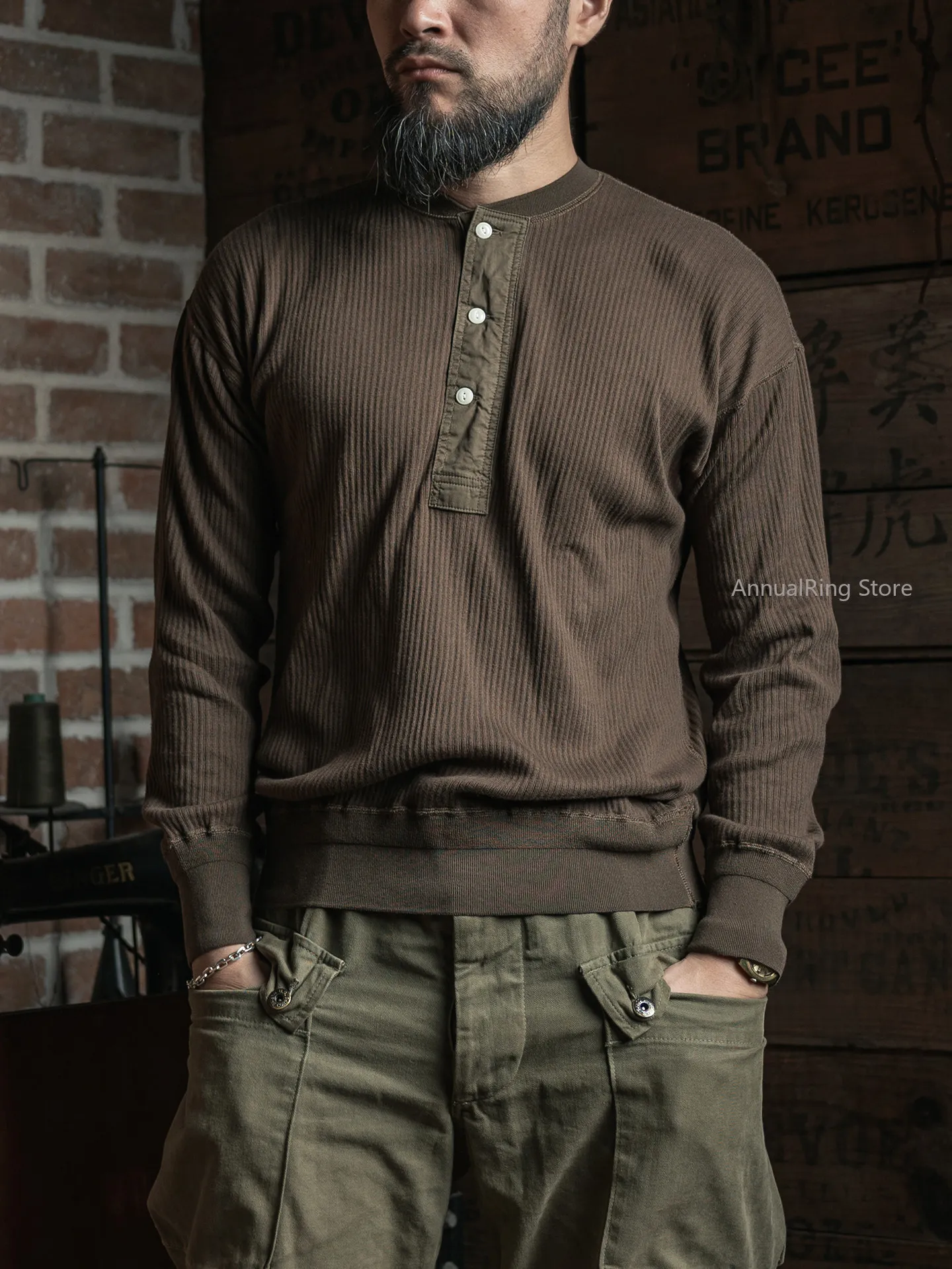 Rugged Bronson Ribbed Henley Shirt Vintage Men's Long Sleeve Cotton Base Layer T-Shirt