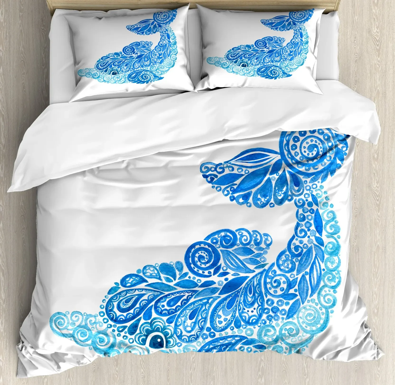 Bedding Set Cute Dolphin Printed Duvet Cover Light Blue Starry Sky Decor Bedding Collection Soft Duvet Cover Room Decor 3Pcs