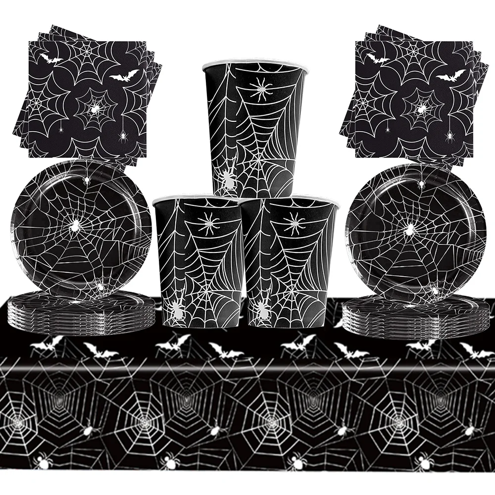 Halloween Spider Web Disposable Tableware Set Black Spider Web print Plates Napkins Cup tablecloth Halloween Party Decoration