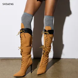 2024 New Women Pointed Toe High Heels Knee High Boots Brown Lace Up Knight Boots Winter Autumn Ladies Shoes Long Boots Woman 44