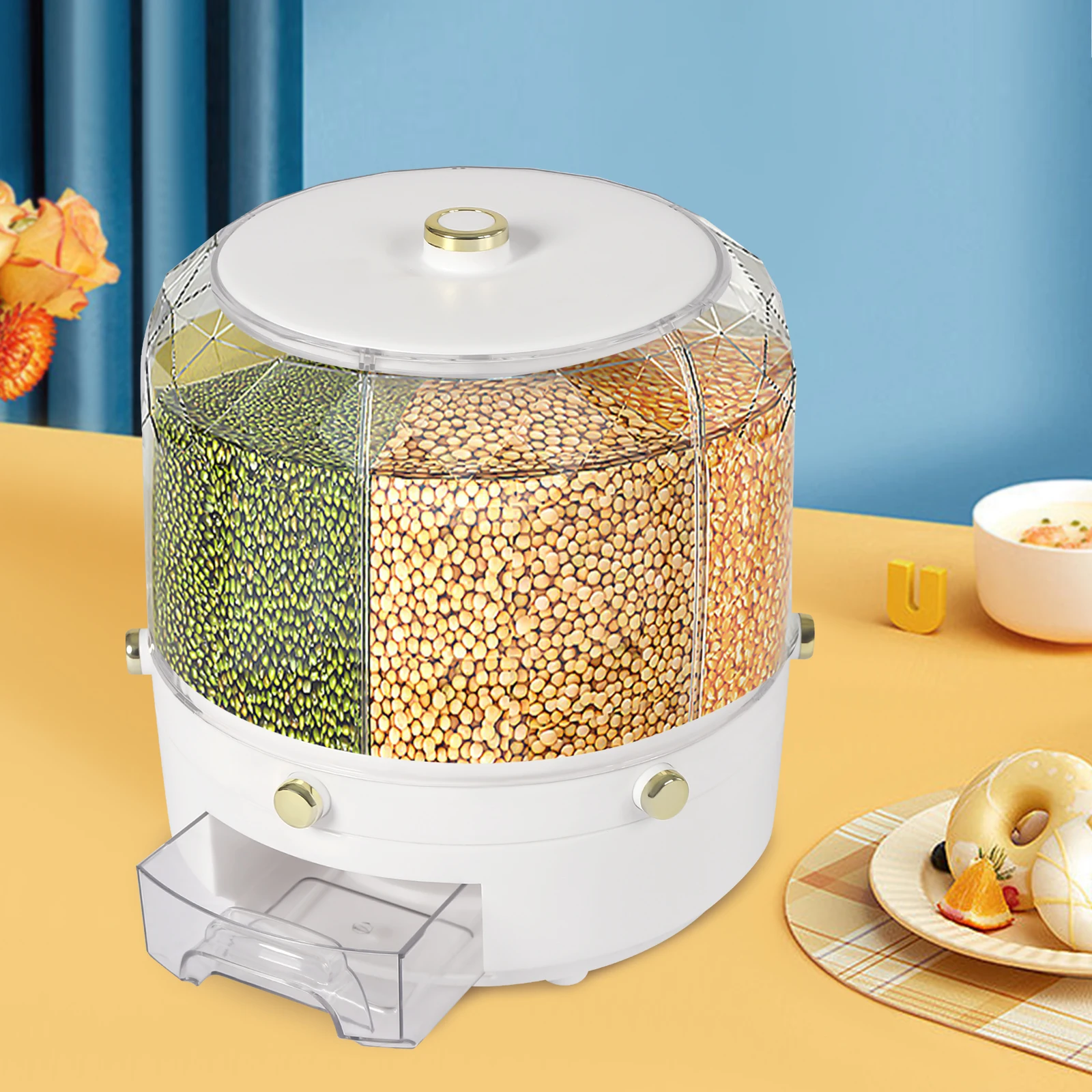 Bymaocar 360° Rotating Food Storage Container Dispenser, 6-grid Gold-plated One-Button Pressing Miscellaneous Grain Storage Tank