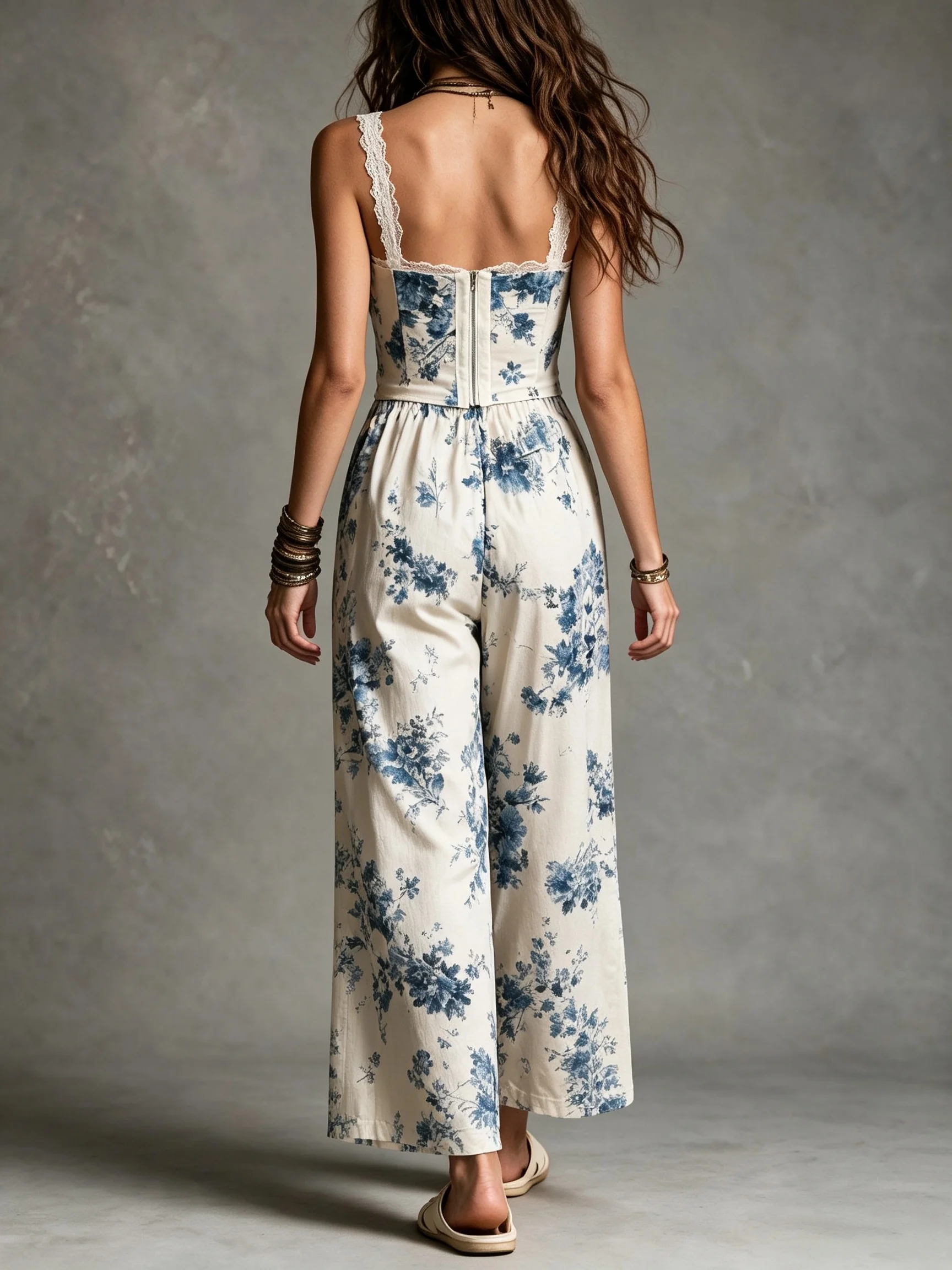 Bohemian Lace-Trimmed Camisole with Blue and White Floral Print, Cinched Waist Top + Wide-Leg Pants Set, Suitable for Everyday Wear, Vacation, Dating, and City Outings