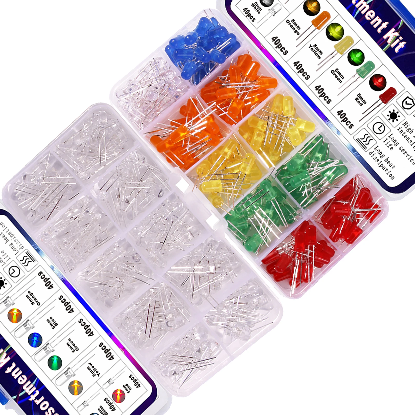 Zestaw diod LED 5 mm emitujących światło F5 Biały Zielony Czerwony Niebieski Żółty Pomarańczowy