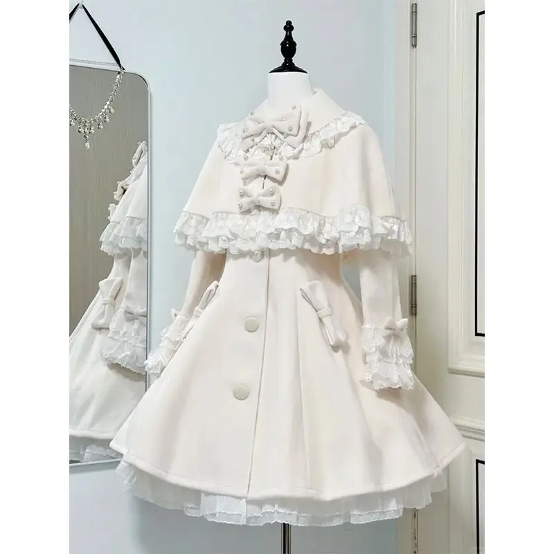 Sweet Lolita Cape Coat Set Women Bowknot Pearl Lace Trim Ruffle Puff Sleeve Winter Tea Party Kawaii Japanese Princess Fashion image 4