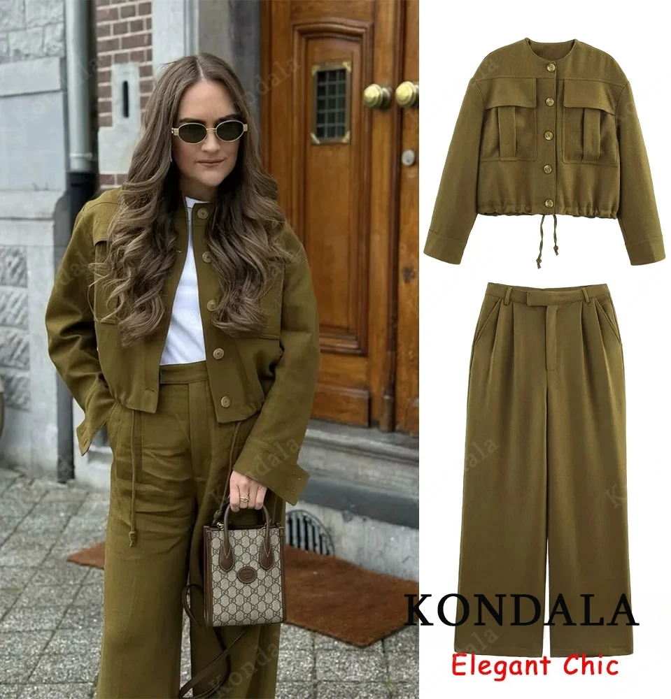 

KONDALA винтажный шикарный комплект брюк, женская однобортная куртка с карманами или длинные брюки, мода 2024, весенне-осенний повседневный простой комплект