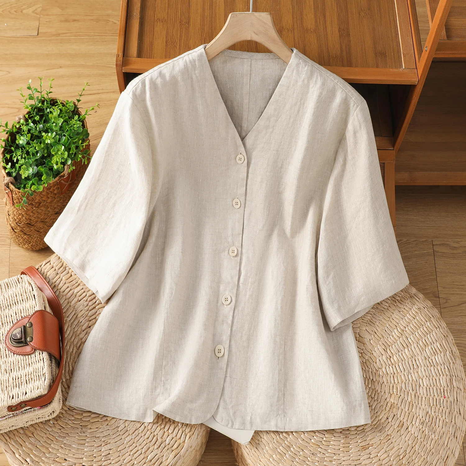 Casual Cotton Linen irt Women's Pure Color V-ne Mid-sve Single-button Coat Open Cardigan Top Commute Sle Loose Fit