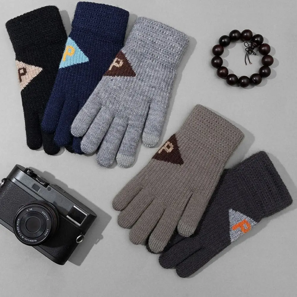 Durable Knit Winter Gloves Touchscreen Letter Full Finger Mittens Fleece Wool Gloves Men