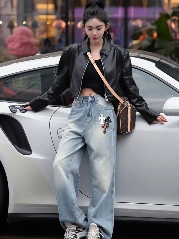 

American Style Heavy Embroidery High Waist Straight Leg Cross Design Women's Jeans Loose Wide Leg Pants Autumn Design Sensation