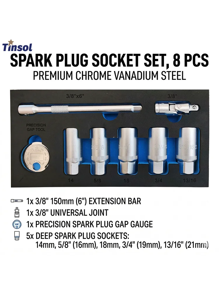 

Portable Multi-functional Chrome Vanadium Steel Spark Plug Socket Torque Set, 8pc Kit for Auto/Motorcycle Repair