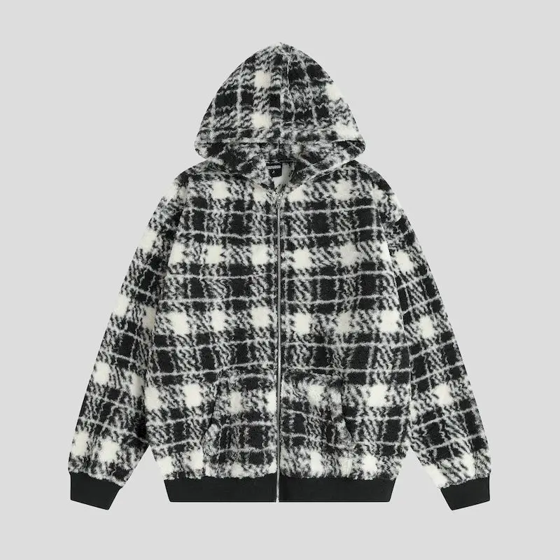 China-Chic Couple Hooded Coats Plaid Unisex Zip Up Hoodies Color Contrast Cardigan Hooded Jackets Ins Trend Loose Tops Autumn