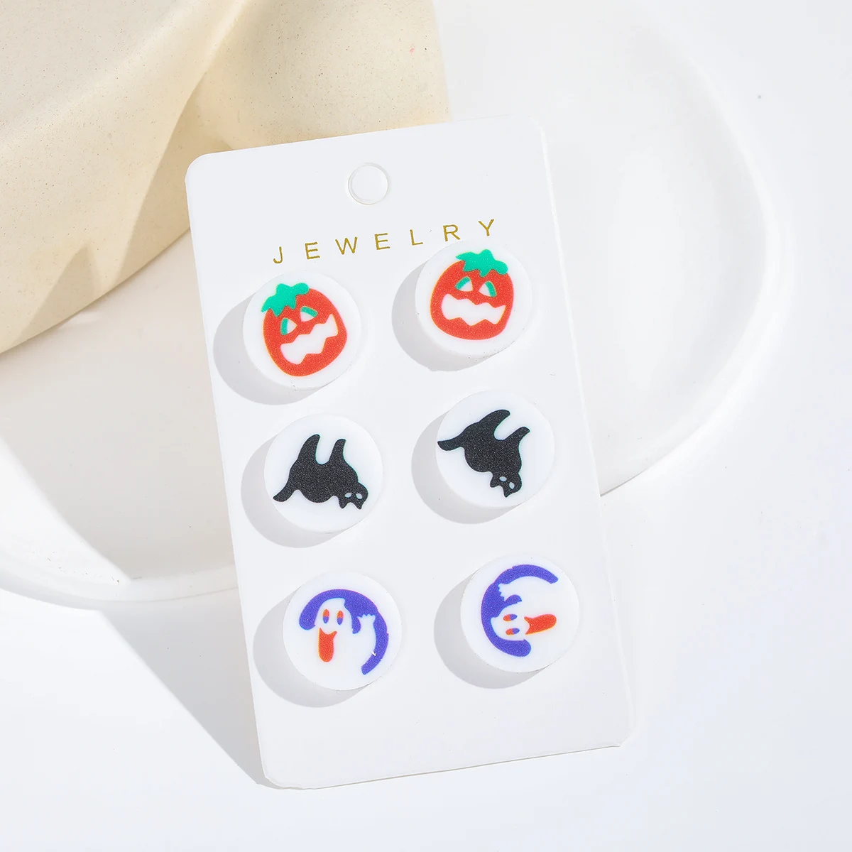 Halloween Gothic Earring Set - 3 Pairs Of Acrylic Studs With Moon, Bat, Ghost, Pumpkin & Spider Designs For Women - Perfect Vint
