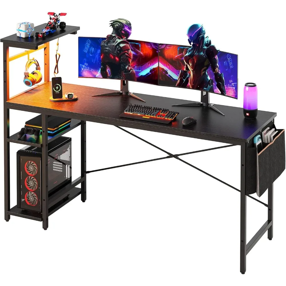 

61 Inch PC Gaming Table with LED Lights and Shelves, 4 Tiers Reversible Storage Shelves, Easy To Assemble, Gaming Desk