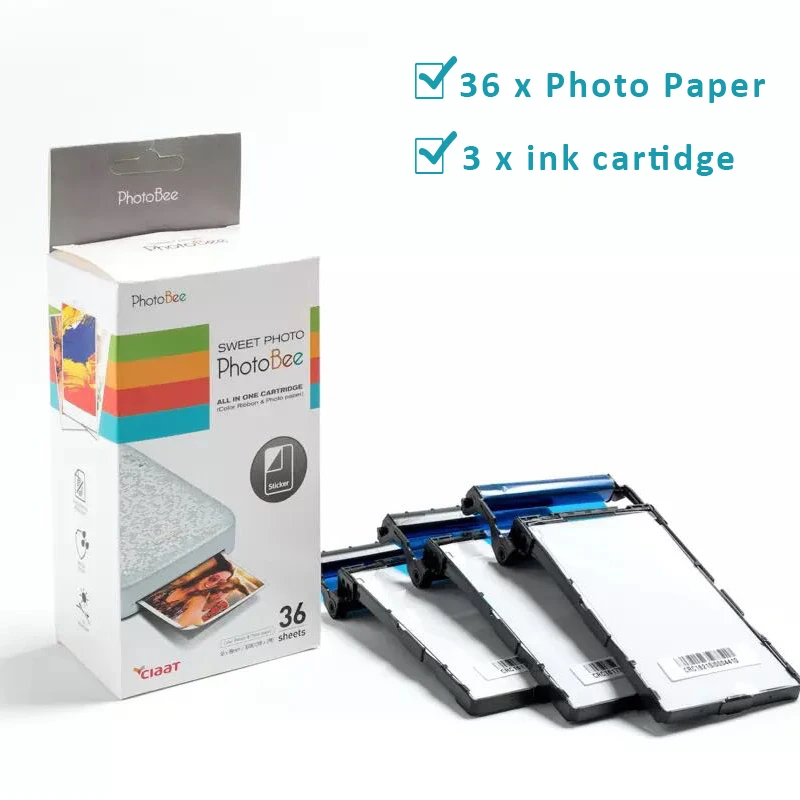 photo paper and pcs ink cartidge for photobee photo printer inkless printing android ios printers 36sheets photo paper 36sheets 01