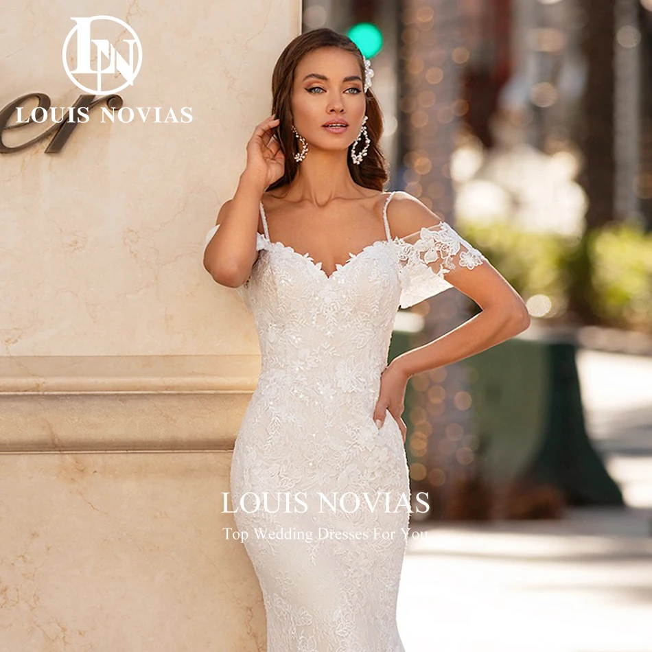 LOUIS NOVIAS Mermaid Wedding Dresses For Woman Sexy Short Sleeve Spaghetti Straps Appliques Lace Wedding Gown Vestidos De Novia