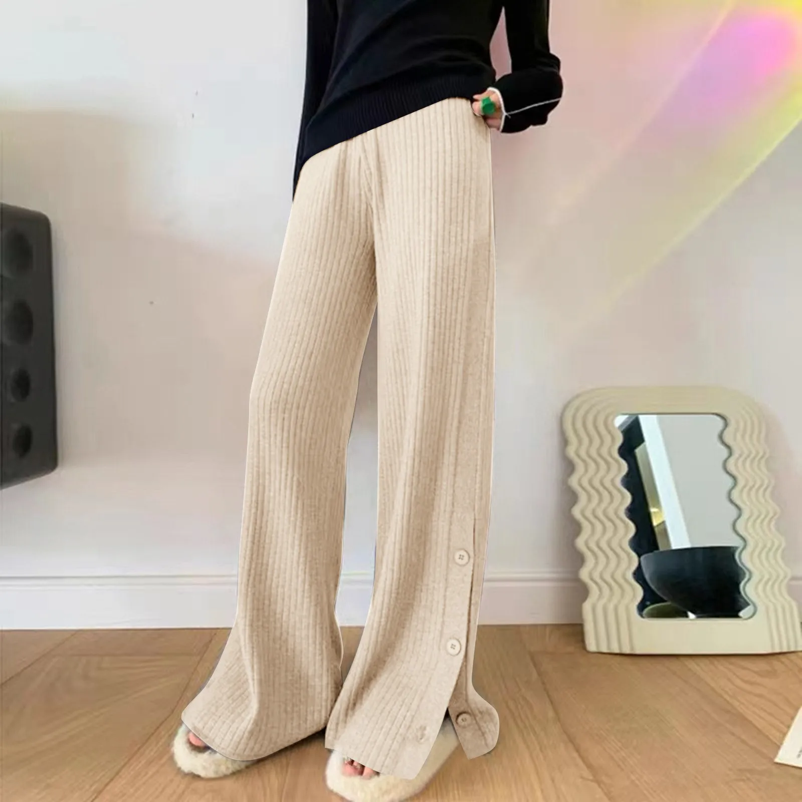 Wide Leg Casual Knitted Trousers Womens' Soild Rib Knit Pants Autumn Long Slacks Loose Straight Trousers For Female Ropa Mujer