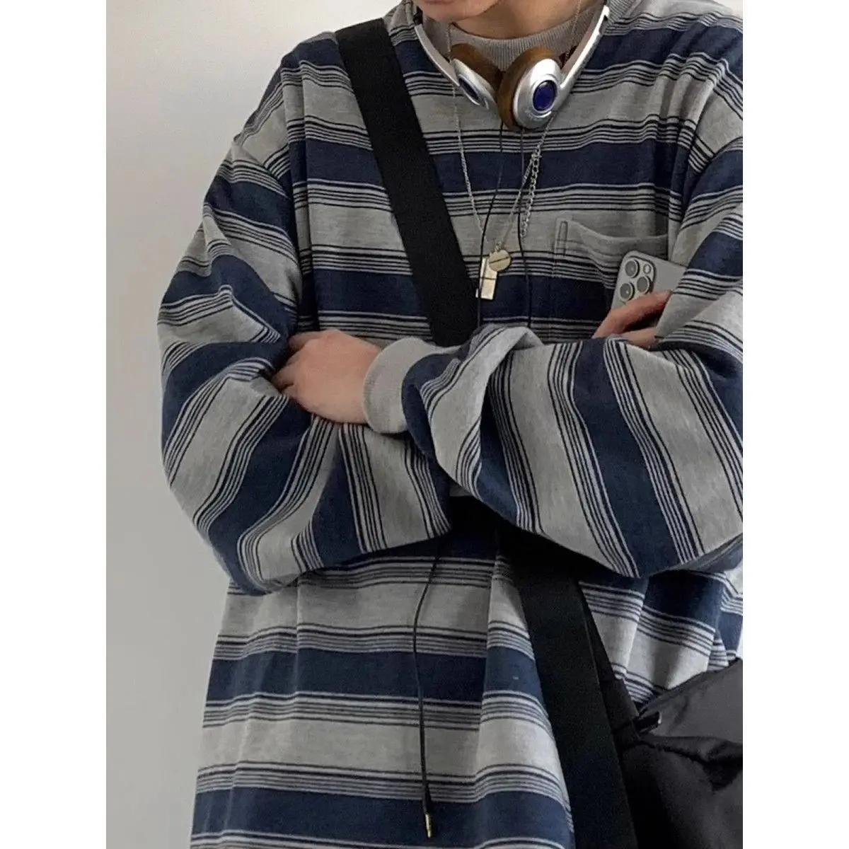 2026 Autumn New Japan Retro Striped Basic Round Neck Long Sleeved Sweatshirt Korean Fashion Harajuku Men's Casual Loose Pullover