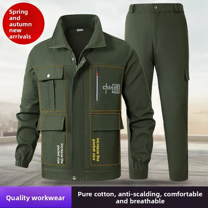 

Мужской хлопковый рабочий костюм для весны и осени, устойчивый к ожогам и износу, для сварочных работ, с длинными рукавами, на молнии