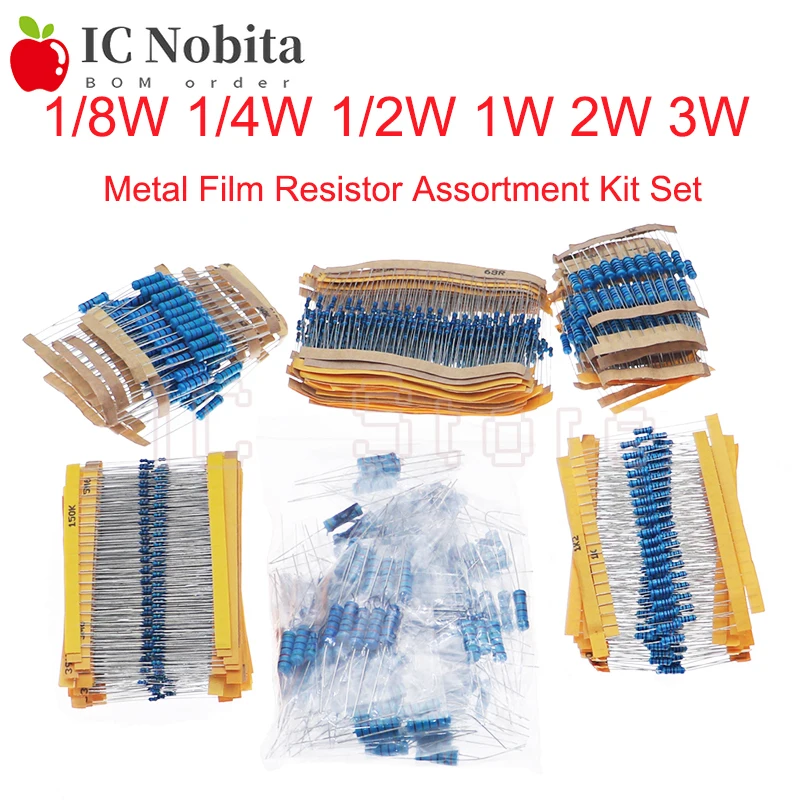 

1/8W 1/4W 1/2W 1W 2W 3W Metal Film Resistor Assortment Kit Set 1% Mixing of Five Color Ring Resistor Pack 0.125W 0.25W 0.5W