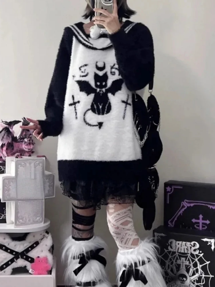 

2024 Fashion Japanese Knitted Women Pullovers Y2k Aesthetic Grunge Cartoon Sweaters Oversized Patchwork Casual Harajuku Jumpers