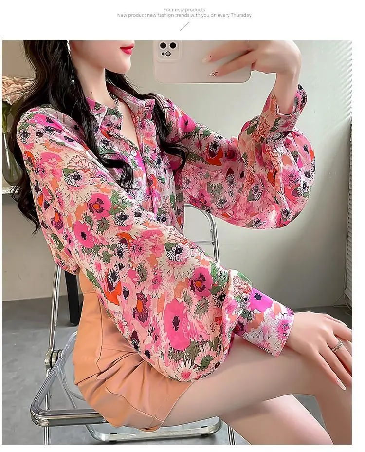 Fashionable and Stylish Floral Pink Shirt for Women in Spring 2024 Thin Top Chiffon Shirt for Women Slim Lantern Sleeve Shirt