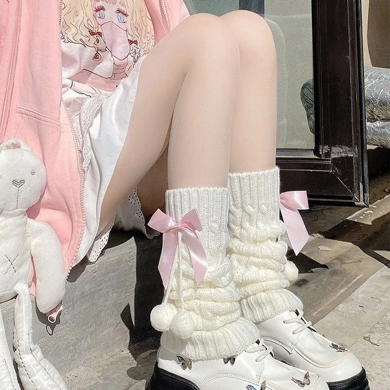 

White hairball socks cover women's autumn and winter jk leg cover thickened warm Lolita pink bow stacked socks