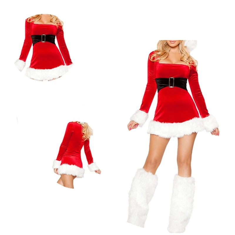 Women Christmas Costume Santa Cosplay Dress Plush Trim Patchwork Dress Party Costume with Hat and Leg Warmers